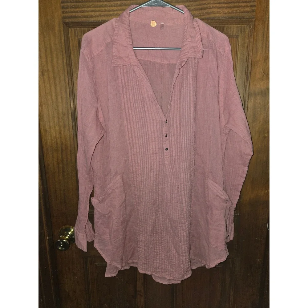 Free People FP One Dusty Rose Pink Gauze Pintuck Henley Tunic Top Womens Medium - Picture 1 of 4
